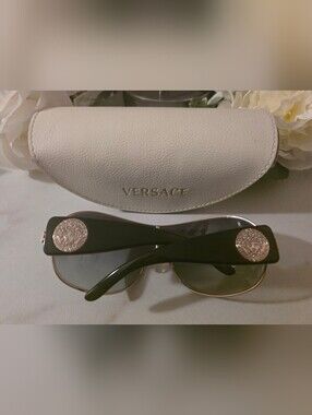 Versace Gold-Trim Shield Sunglasses with Cream Case